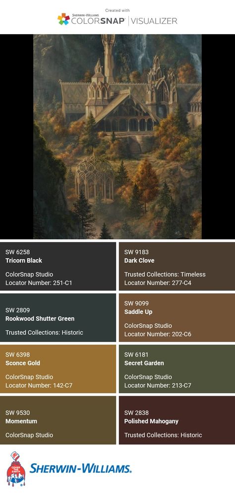 Dark Academia Aesthetic Sherwin Williams, Literature Color Palette, Jewel Tone Color Palette Sherwin Williams, Sherwin Williams Historic Colors, Sherwin Williams Victorian Colors, Rivendell Color Palette, Dark Cottagecore Palette, Lord Of The Rings Colour Palette, Sherwin Williams Jewel Tones