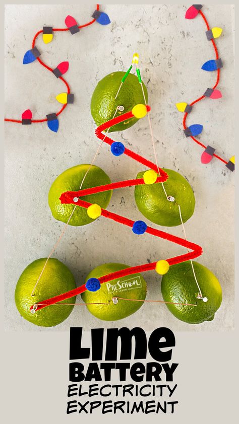 Looking for a really cool christmas science activity for kids? We made the simple lime battery project into a relaly cool science Christmas tree. This battery lime experiment is perfect for introducing preschool, pre-k, kindergarten, first grade, and 2nd graders to electricity for kids. All you need ar a few simple materials and you can try these fun Chrsitmas Science experiments. Electricity For Kids, Experiment For Preschoolers, Apple Science Experiments, Science Christmas, Electricity Experiments, Christmas Candle Crafts, Christmas Science Activities, Christmas Science Experiments, Preschool Christmas Activities