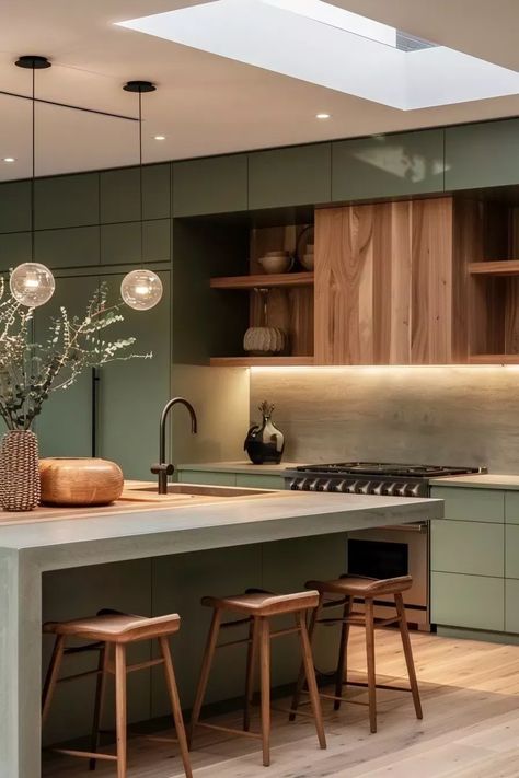 Kitchens With Green Cabinets, Natural Wood Kitchen Cabinets, Light Green Kitchen, Green Kitchen Designs, Green Kitchen Cabinets, Organization Kitchen, Modern Kitchen Interiors, Inspiration Kitchen, Accessories Kitchen