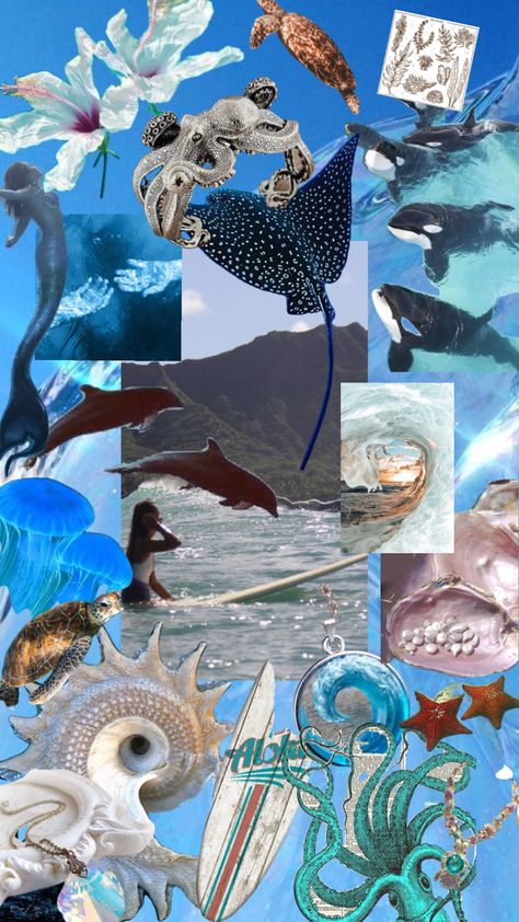 #oceanaesthetic #mermaids #seaturtle #water #seaplants #surfing #oceaninspiration #blue #octopus #seajewelry #seajelly Under The Sea Mood Board, Sea Jellies, Blue Octopus, Sea Plants, Sea Jewelry, Ocean Inspiration, Underwater World, Sealife, Create Collage