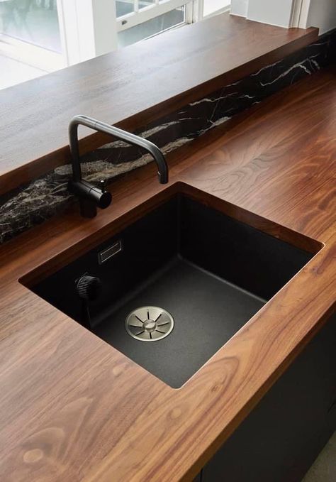 Black Sink Oak Worktop, Dark Wood Kitchen Counter, Dark Kitchen Wooden Worktop, Black Sink Wood Countertop, Black Kitchen With Wood Countertop, Black Kitchen Wooden Worktop, Dark Oak Countertop Kitchen, Dark Benchtop Kitchen, Wood Benchtop Kitchen