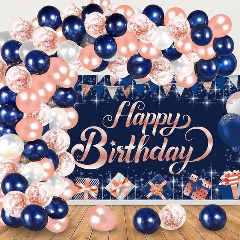 PRICES MAY VARY. Package Includes: 20pcs 12" white balloons, 20pcs 12" navy blue balloons, 20pcs 12" rose gold balloons, 10pcs 12" rose gold confetti balloons, 1pcs 72"*43" navy blue rose gold birthday backdrop banner, 16Ft balloon arch strip, dot glue, easy instruction. Applications: Navy blue rose gold birthday balloon garland arch kit and birthday backdrop banner are great for navy blue rose gold theme birthday party decorations. The balloons are suitable to home, garden and outdoor, it will Rose Gold Birthday Party Decorations, Outdoor Birthday Party Decorations, Gold Theme Birthday, Rose Gold Birthday Party, Gold Birthday Party Decorations, Gold Birthday Decorations, Birthday Party Decorations For Adults, Rose Gold Birthday, Blue Party Decorations