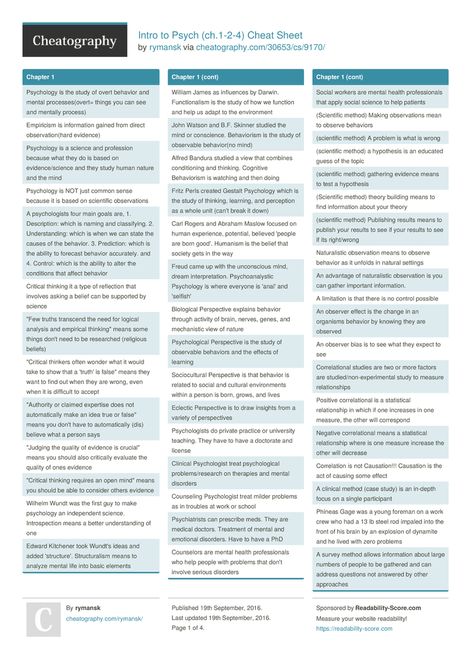 Intro to Psych (ch.1-2-4) Cheat Sheet by rymansk http://www.cheatography.com/rymansk/cheat-sheets/intro-to-psych-ch-1-2-4/ #cheatsheet #to #psych #intro Intro To Psychology, Introduction To Psychology, Nursing Cheat, Psychology Notes, Psychology Studies, Cognitive Psychology, Effective Study Tips, Psychology Student, Therapy Worksheets