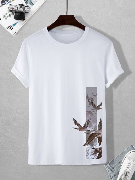 White Casual  Short Sleeve Polyester Animal   Slight Stretch Summer Men Tops Trendy Shirt Designs For Men, Bird Tshirt Design, Man Tshirt Style, Mens Tshirt Print Design, Mens Tshirt Designs, Tee Shirt Designs Graphics, Tshirt Printing Design Ideas, Unique Tshirts Designs, Mens T Shirt Print Design