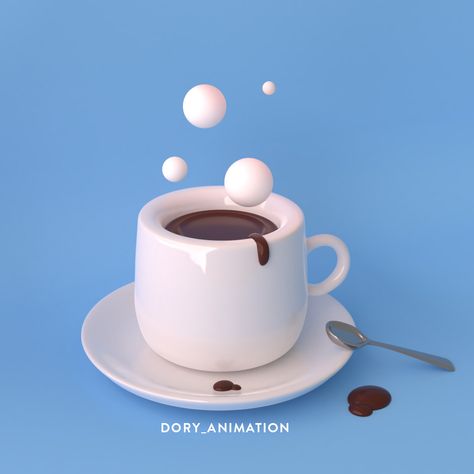 Hot Chocolate Illustration Art, Blender Food 3d, Food Animation Art, Simple 3d Modeling Ideas, Cinema 4d Art, Cute Blender Art, Simple Blender 3d Ideas, 3d Blender Ideas, 3d Art Blender