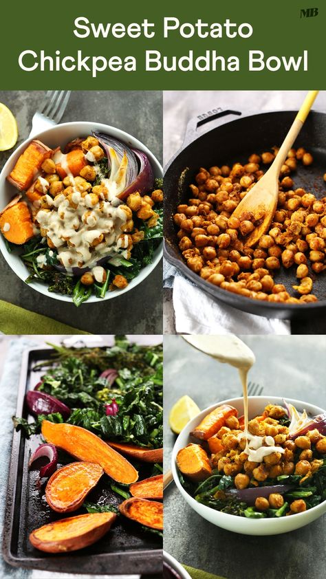 Flavorful, filling, 30-minute nourish bowl with roasted sweet potatoes, onion, kale, crispy chickpeas, and an AMAZING tahini-maple sauce! A healthy, satisfying plant-based meal. Chickpea Buddha Bowl, Maple Sauce, Potato Chickpea, Nourish Bowl, Sweet Potato Bowls, Crispy Chickpeas, Blood Sugar Diet, Health And Fitness Magazine, Buddha Bowl