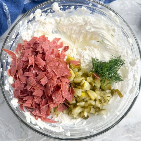 This dill pickle dip with dried beef is so good!! Creamy dip with crunchy dill pickles and delicious dried beef. Serve this dip with chips, crackers, or veggies. It's even great as a pinwheel filling. Dried Beef And Pickle Dip, Pickle Dip Recipe With Dried Beef, Dill Pickle Dip With Dried Beef, Dill Pickle Pinwheel Appetizers, Pickle Dip Pinwheels, Dip With Dried Beef, Dill Pickle Pinwheels, Dried Beef Recipes, Crunchy Dill Pickles