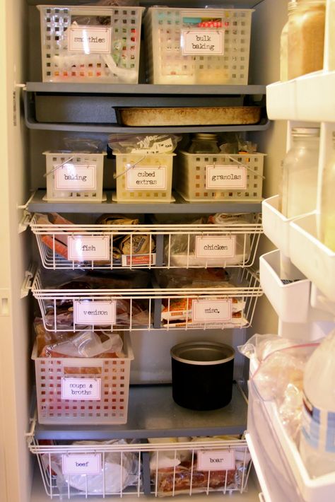 Homestead Revival: Upright Freezer Organization.    Cute.  I'd definitely be thrilled if my freezer had this many shelves. Deep Freezer Organization, I Heart Organizing, Freezer Organization, Freezer Storage, Ideas Para Organizar, Kitchen Hacks Organization, Upright Freezer, Chest Freezer, Fridge Organization