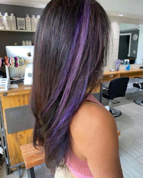 60+ Purple Highlight on Brown Hair Ideas (2021 Updated) 28 Purple Streak In Brown Hair, Colored Hair Streaks, Highlight On Brown Hair, Purple Highlights In Brown Hair, Purple Lowlights, Purple Underneath Hair, Purple Peekaboo Hair, Purple Highlights Brown Hair, Purple Hair Streaks