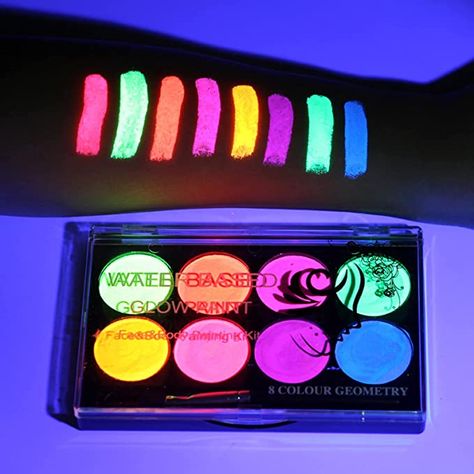 Pintura Facial Neon, Halloween Party Makeup, Neon Face Paint, Klub Malam, Face Paint Kit, Glow Paint, Make Up Tools, Palette Art, Pintura Facial