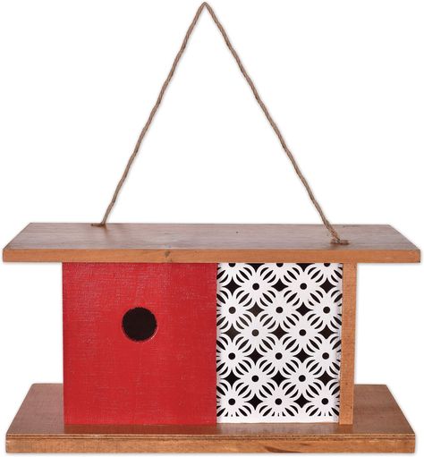 PRICES MAY VARY. WOODEN BIRDHOUSE: Add elegance and style to your outdoor space; features a circle cutout for birds to easily enter and jute twine hanger DIMENSIONS: Measures approximately 12 x 6.25 x 6-inches MID-CENTURY MODERN STYLE: Sleek, bright red with charming white lattice SUITABLE FOR INDOOR OR OUTDOOR USE: An ideal gift for any bird or nature lover; use for decoration indoors or set up for feathered friends in the garden or yard SUNSET VISTA DESIGNS: Everything you need to add whimsy a Modern Birdhouses, Bat House, Bluebird House, Wooden Facade, Fairytale Cottage, Modern Birds, Decorative Bird Houses, Stone Cottage, Mid Century Modern Style