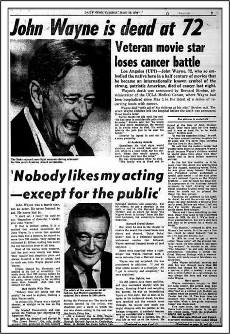 News Paper Articles, John Wayne Quotes, John Wayne Movies, Ben Johnson, Famous Graves, Newspaper Headlines, Historical Newspaper, Vintage Newspaper, Historical Moments