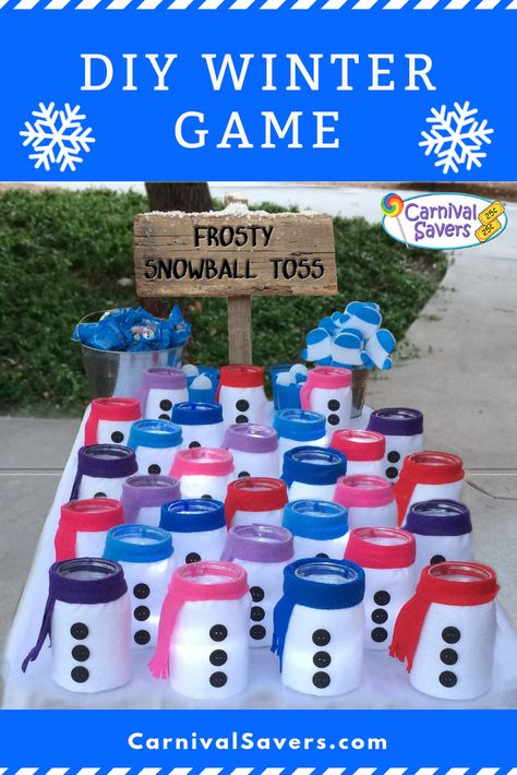 DIY winter games uses felt, buttons, mason jars, lights and ping pong balls! Great fun for all ages! Snowball Throw Game, Christmas Community Event Ideas, Christmas Fayre Ideas, Snowball Toss, Winter Party Games, Carnival Activities, Carnival Games For Kids, Christmas Fair Ideas, Theme Carnaval