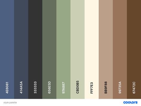 Green And Brown Palette Colour Schemes, Color Palette Green Blue Brown, Blue Brown Green Color Palette, Green Blue Brown Color Palette, Blue Green Brown Color Palette, Dark Green Color Combinations, Denim Color Palette, Woodland Color Palette, Green Pallet