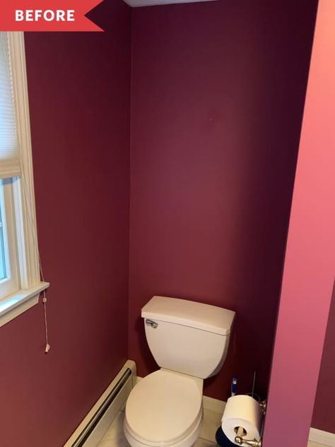 Before: Reddish-pink painted bathroom, showing toilet area Dark Pink Bathroom, Burgundy Bathroom Ideas, Paint In Bathroom, Burgundy Bathroom, Blue Grey Walls, Dark Blue Paint, Painted Bathroom, Red Bathroom, Dark Paint