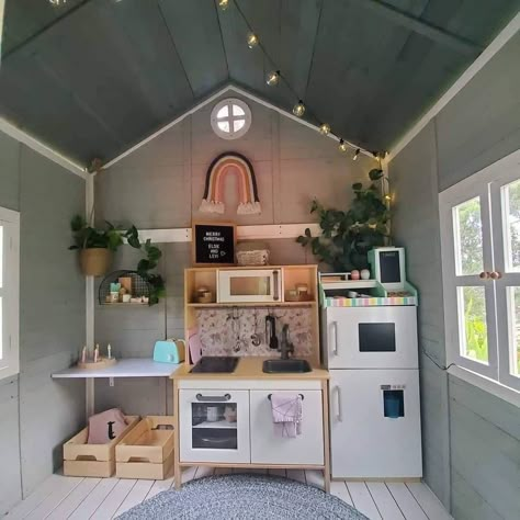 Cubby House Decorating Ideas, Interior Cubby House Ideas, She Shed Playhouse, Wendy House Decor, Cubby House Decor, Cubby Interior Ideas, Wooden Wendy House Ideas, Play House Inside Ideas, Play House Decorating Ideas Inside