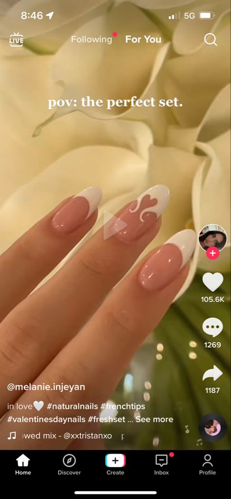 White Tips With Heart, Nail Tip Shapes, Nail Goals, White Tips, February Nails, Valentine Nails, White French Tip, Almond Shape Nails, Heart Outline