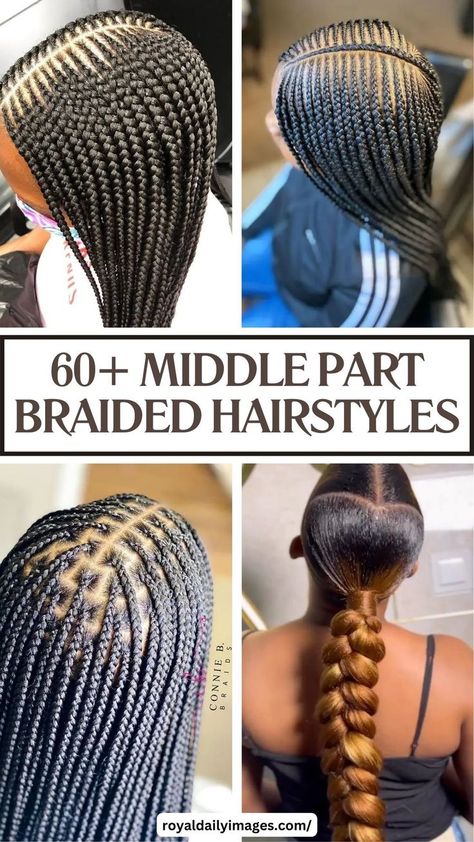 Braid With Middle Part Center Hair Part Hairstyles, Middle Part Cornrows Braids, Cornrows Middle Part, Center Part Braids, Middle Part Cornrows, Layered Feed In Braids, Braids With Middle Part, Corn Roll Styles, Middle Part Braids