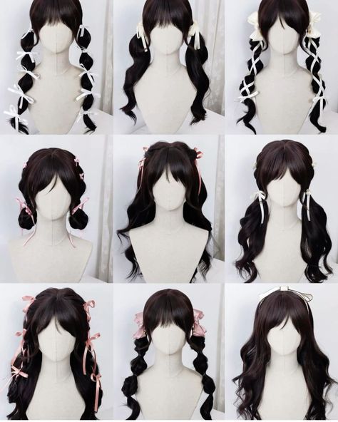 Long Pigtail Hairstyles, Kuromi Hairstyle, Vtuber Hairstyles, Valentines Hair Styles, Hair Styles Pigtails, Cute Pigtail Hairstyles, Pigtail Styles, Bow Reference, Idol Hairstyle