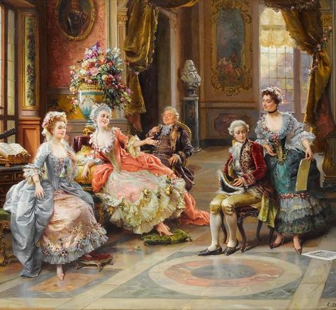 Rococo art 🌹 on Instagram: “💐 Cesare Augusto Detti 💐 An Elegant Gathering 💐 Late 19th century/early 20th century 💐 Private collection . What do you think of this…” Pierre Auguste Cot, Rococo Painting, Rococo Art, Victorian Paintings, Romantic Paintings, Italian Painters, Classic Paintings, Rococo Style, Victorian Art