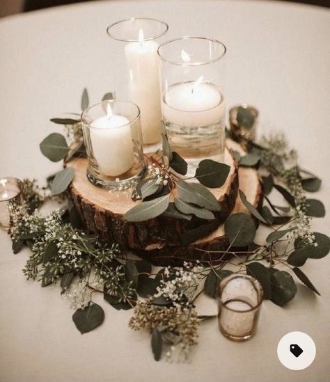 Boho Tablescape Wedding Table Decor, Wood Candle Centerpiece Wedding, Rustic And Pearls Wedding, Rustic Circle Table Wedding, Wedding Decor Forest Theme, Earth Tone Centerpiece Wedding, Simple Wood Centerpieces, Green And Brown Centerpieces, Nature Themed Table Decor