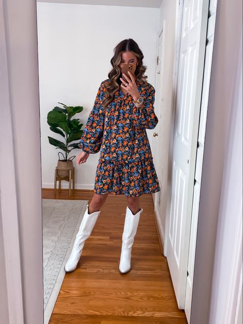 Fall Dress Ideas | Fall Dress Outfit | Fall Dress Casual | White Boots Outfit | Country Concert Outfit | Cowboy Boots Outfit White Cowboy Boots Outfit Dress, White Cowboy Boots Outfit Concert, Tall White Boots Outfit, Fall Dress Ideas, Fall Dress Casual, White Cowboy Boots Outfit, Dress Outfit Fall, Outfit Country Concert, Vineyard Outfit