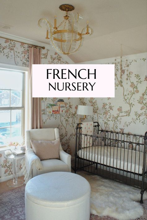 Nursery Ideas With Wallpaper, French Garden Nursery, Madeline Themed Nursery, French Themed Nursery, French Nursery Room Inspiration, French Inspired Nursery, French Provincial Nursery, Bunny Themed Nursery, 2023 Nursery