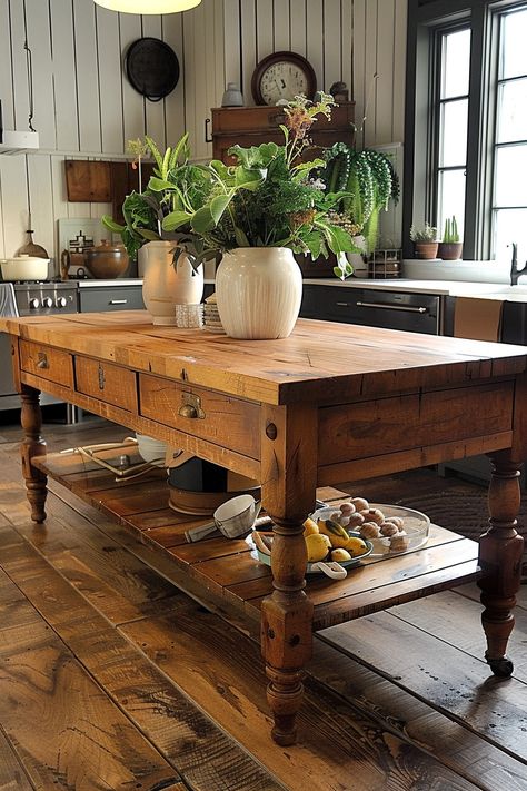 Gather in Style: Farmhouse Kitchen Island Table Ideas - Quiet Minimal Kitchen Island Cottage Style, Antique Wood Island, Eclectic Farmhouse Kitchen, 1900 Farmhouse Kitchen, 1900s Farmhouse Kitchen, Table For Kitchen Island, Island Table Ideas, Kitchen Island Table Ideas, Farmhouse Island Kitchen