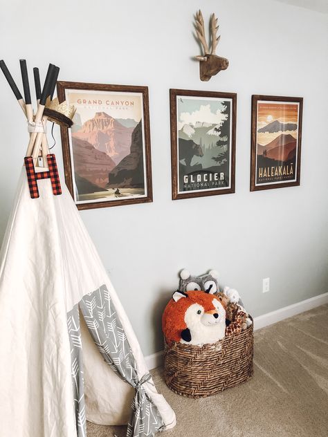 Kids National Park Themed Room | Vintage Inspired National Parks Print, Teepee, Deer Head, Wall Decor, Toy Basket, National Parks, Grand Canyon, Glacier National Park, Haleakala National Park, Anderson Design Group Prints, Hobby Lobby Frames, Nature Theme Room, Sherwin Williams Sea Salt Boy Adventure Room, National Park Nursery, Camping Nursery, Camping Bedroom, Adventure Room, Deer Head Wall Decor, Themed Kids Room, Big Boy Bedrooms, Adventure Nursery