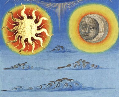 Vincent of Beauvais, Le Mirouer historial (French translation of Speculum historiale), Paris 1463 Medieval Sun, French Translation, Esoteric Art, Virgo Moon, Medieval Manuscript, Sun Moon Stars, Celestial Art, Illuminated Letters, Arte Popular