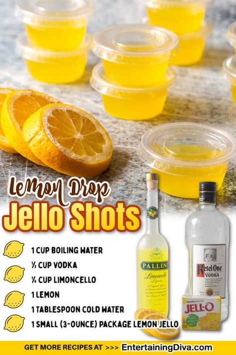 Yellow Jello Shots, Strong Jello Shots Recipe, Lemon Drop Jello Shots, Lemon Jello Shots, Lemondrop Shot Recipe, Alcohol Jello Shots, Lsu Party, Shots Alcohol Recipes, Lemon Drop Shots