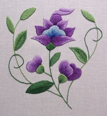 Long And Short Embroidery Designs Motifs, Embroidery Stitches Long And Short, Long And Short Flower Embroidery, Embroidery Violet Flower, Flower Bunch Embroidery Design, Lotus Motif Embroidery, Jacobean Embroidery, Hand Beaded Embroidery, Diy Embroidery Patterns