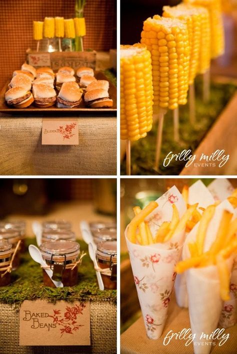 Loved this idea of the corn on a wooden stick....keep the corn on a warmer/steamer with butter. Soirée Bbq, Country Party, Couple Wedding Shower, I Do Bbq, Western Parties, Cowboy Party, Festa Party, Snacks Für Party, Bbq Party