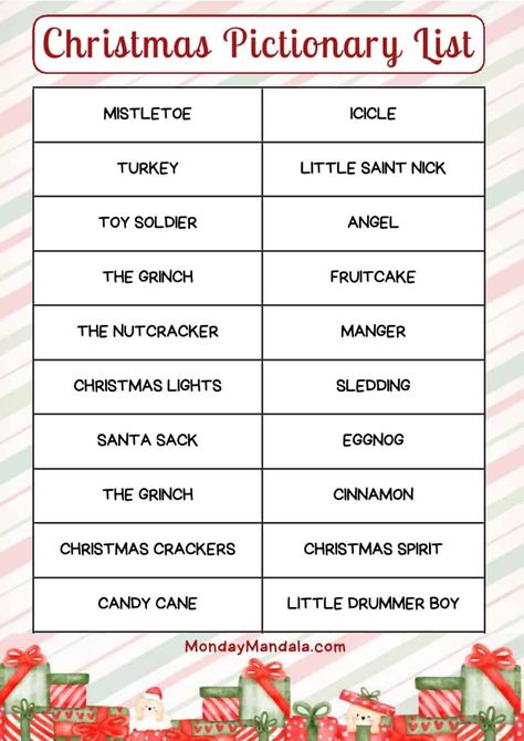 Christmas Pictionary Lists (Free PDF Printables) Winter Pictionary For Kids, Holiday Pictionary Free Printable, Pictonary Ideas Christmas, Christmas Pictionary Ideas, Christmas Pictionary Words List, Christmas Taboo Printable Free, Christmas Pictionary Game Free Printable, Pictionary Words List Printables, Pictionary Word List