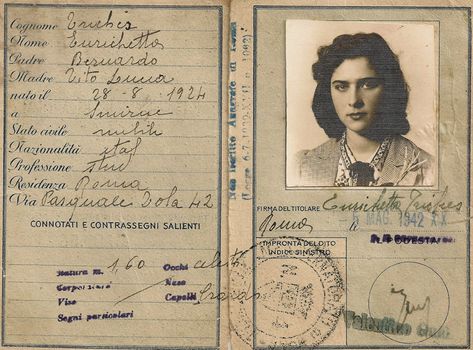 Enrichetta’s Italian identity card from 1942. Identity Card Aesthetic, Id Card Aesthetic, Identity Aesthetic, Vintage Passport, Family Archive, Identity Card Design, Angelic Aesthetic, Vintage Photo Album, Papel Vintage