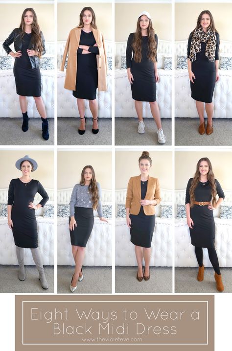 Eight Ways to Wear a Black Midi Dress Black Dress Office Outfit Winter, Ways To Wear A Dress In Winter, Fall Black Midi Dress Outfit, Black Shift Dress Outfit Winter, Black Dress Midi Casual, How To Style Midi Dress Winter, Spring Black Dress Outfit, Ways To Wear A Black Dress, Style Black Dress Casual