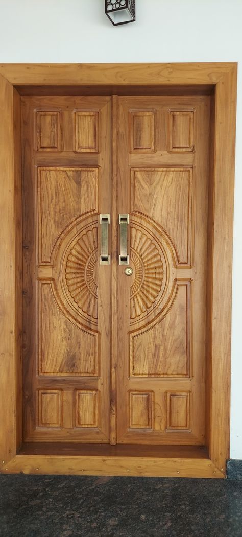 Traditional type teak wood double door design Double Door Entrance Teak Wood, Wooden Double Front Doors Entrance, Teak Wood Double Door Design, Main Double Door Design Wood, Wooden Main Double Door Design, Double Door Design Wood, Teak Wood Main Door Design, Wooden Double Front Doors, Main Door Design Entrance