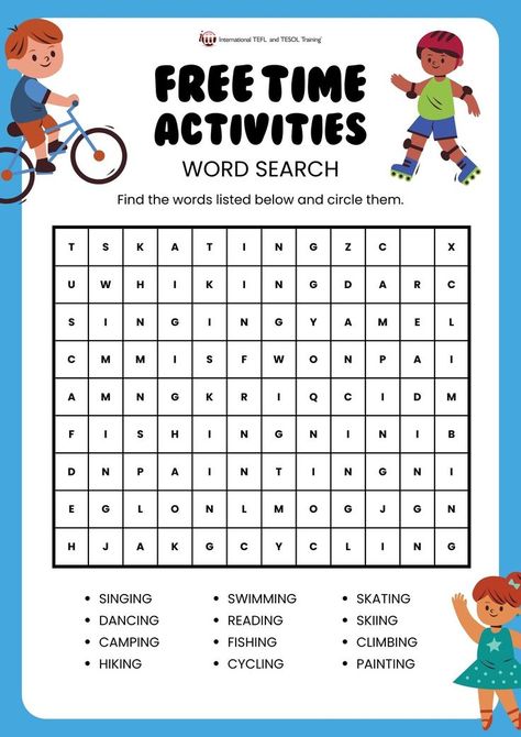 Print out this fun word search worksheet and have your students practice free time activity vocabulary. Verbs For Kids, Kids Word Search, Verb Words, Free Time Activities, English Activities For Kids, Free Preschool Worksheets, Teaching English Online, Learning English For Kids, Printables Free Kids