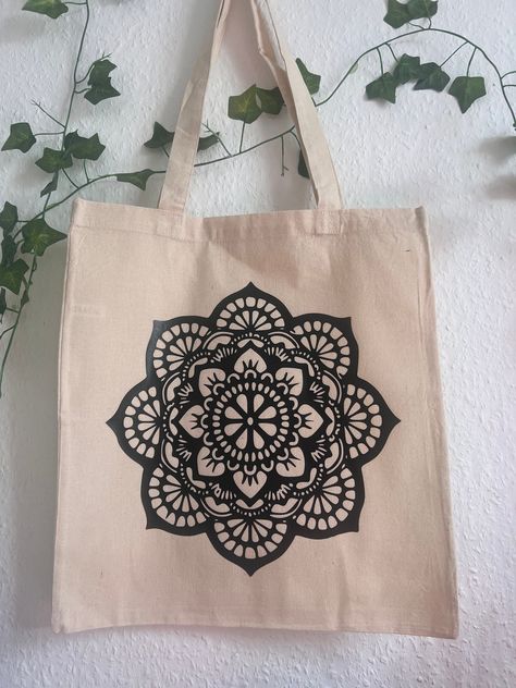 Mandala design tote bag 36x40cm Cotton/canvas  HTV Painted Canvas Bags, Mandala Tote Bag, Sunflower Mandala, Canvas Bag Design, Design Tote Bag, Canvas Bags, Painted Canvas, Bag Design, Book Art Drawings