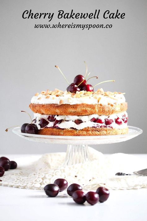 Cherry Bakewell cake – almond sponge filled with jam, whipped cream, and cherries. This British cake recipe is glorious and easier to make than you might think! Vanilla Sauce Recipe, Cherry Bakewell Cake, Apricot Dessert, Bakewell Cake, British Cake, Cake Almond, Salted Caramel Cake, Cherry Bakewell, Sponge Cake Recipes