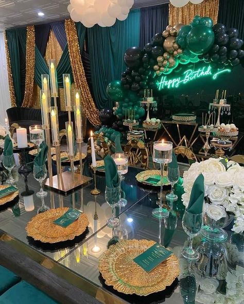 Emerald Green Sweet 16 Decorations, Dark Green And Gold Birthday Party Decor, Emerald Birthday Decorations, Emerald Green Black And Gold Quinceanera Theme, Emerald Green And Black Party Theme, Emerald Green Centerpieces Sweet 16, Emerald Green And Gold Masquerade, Dark Green 15 Theme, Dark Green And Gold Party Decor