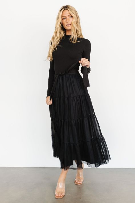 Black Velvet Dress Outfit Winter, Tulle Dress Black, Three Tiered Skirt, Black Lace Gown, Dresses Velvet, Tulle Maxi Dress, Baltic Born, Velvet Maxi, Tiered Ruffle Skirt