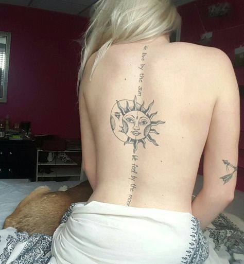 We live by the sun we feel by the moon #spinetattoo Moon And Sun Spine Tattoo, Sun Spine Tattoo, Sun And Moon Spine Tattoo, Moon Spine Tattoo, Japanese Tattoo Artist, Spinal Tattoo, Aries Tattoo, Spine Tattoos For Women, Sun Tattoos