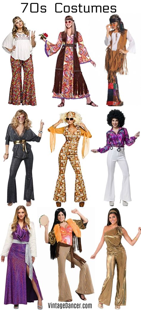 70s costumes Women's hippie disco Halloween party ideas at VintageDancer.com Disco Halloween Party, 70s Theme Party Outfit, Outfits 70s Style, Moda Z Lat 70., 70s Dress Up, 70s Costumes, 70s Party Outfit, 70s Outfits Ideas, Disco Party Outfit