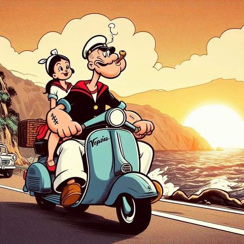 Popeye Cartoon, Vintage Vespa, Vw Art, Cool Car Drawings, Print Design Art, Motorcycle Painting, Cute Backgrounds For Phones, Vespa Lambretta, Vespa Vintage