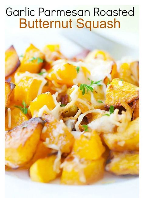 Garlic Parmesan Roasted Butternut squash - delicious butternut squash roasted with butter, garlic & Parmesan cheese. Amazing side dish Butternut Squash Parmesan Recipes, Butternut Squash Roasted, Squash Butternut, Squash Roasted, Whole30 Recipe, Butternut Recipes, Butternut Squash Recipes, Skin White, Roasted Squash