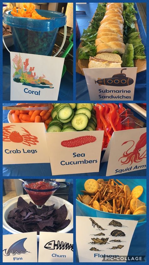 Shark birthday party food Shark Birthday Party Food, Octonauts Birthday Party, Fishing Themed Birthday Party, Shark Week Party, 4de Verjaardag, Ocean Birthday Party, Shark Themed Birthday Party, Fishing Birthday Party, Beach Birthday Party