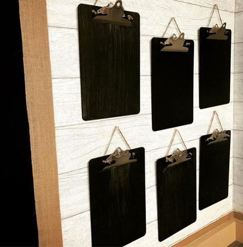 Old Clipboard Ideas, Bulletin Board With Clipboards, Black And Burlap Classroom, Black And White Bulletin Board Ideas, Work Break Room Ideas, Office Bulletin Board Ideas Workspaces, Staff Break Room Ideas, Vintage Bulletin Board, Vintage Clipboard