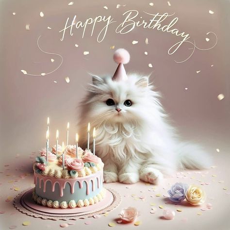 Happy Birthday Kitty Pictures, Cute Cat Birthday Cards, Kitty Birthday Wishes, Happy Birthday Cats Cute, Cat Happy Birthday Wishes, Happy Birthday With Cats, Happy Birthday Cat Images, White Turkish Angora, Happy Birthday Beautiful Daughter