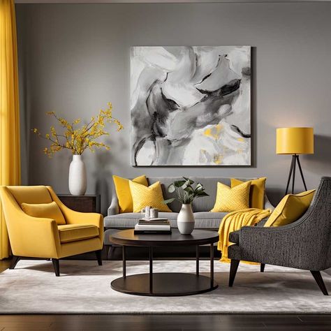 Grey And Yellow Lounge Ideas, Gray Black And Yellow Living Room, Yellow And Grey Home Decor, Gray Mustard Living Room, Black And Yellow Home Decor, Yellow Theme Living Room, Gray And Yellow Living Room Ideas, Yellow And Black Living Room Decor, Yellow Interior Design Living Room